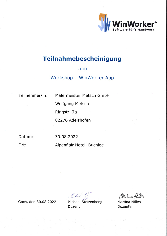 Auszeichnung Malermeister Metsch – Urkunde 14